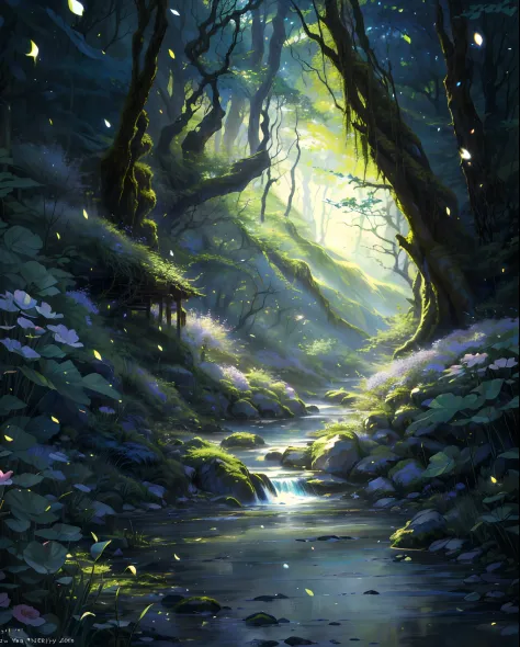 a stream running through a lush green forest filled with trees and rocks,  with a sunbeam coming through the trees - SeaArt AI