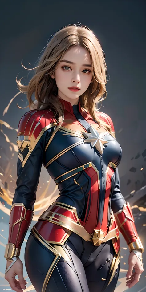 photorealistic, high resolution, soft light,1women, solo, hips up, shining skin, (detailed face), captain marvel costume
