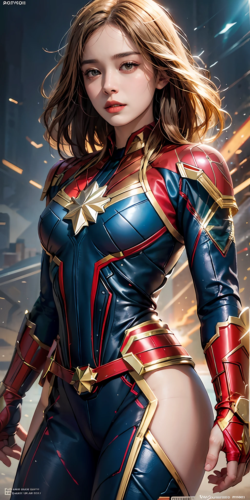 A woman in a captain marvel costume posing for a photo - SeaArt AI