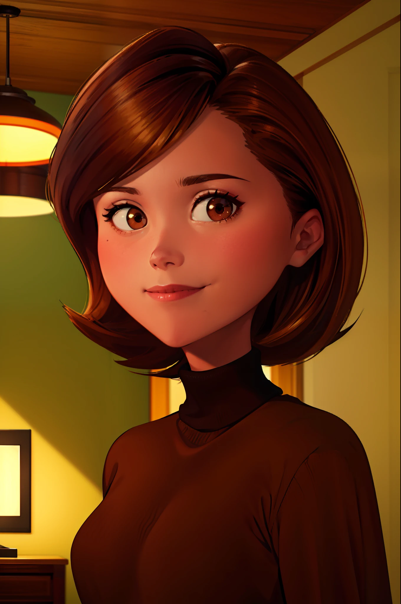 helen parr, Obra maestra, mejor calidad, solo, Pelo castaño, Ojos cafés, suéter tipo con cuello de tortuga, suéter, sonrisa, cabello corto, suéter tipo con cuello de tortuga suéter, black suéter, 1 chica, parte superior del cuerpo, boca cerrada, adentro, retrato, black suéter,