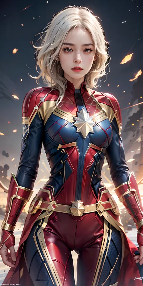 photorealistic, high resolution, soft light,1women, solo, hips up, shining skin, (detailed face), captain marvel costume, white ...