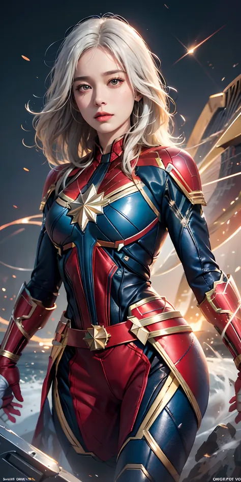photorealistic, high resolution, soft light,1women, solo, hips up, shining skin, (detailed face), captain marvel costume, white ...