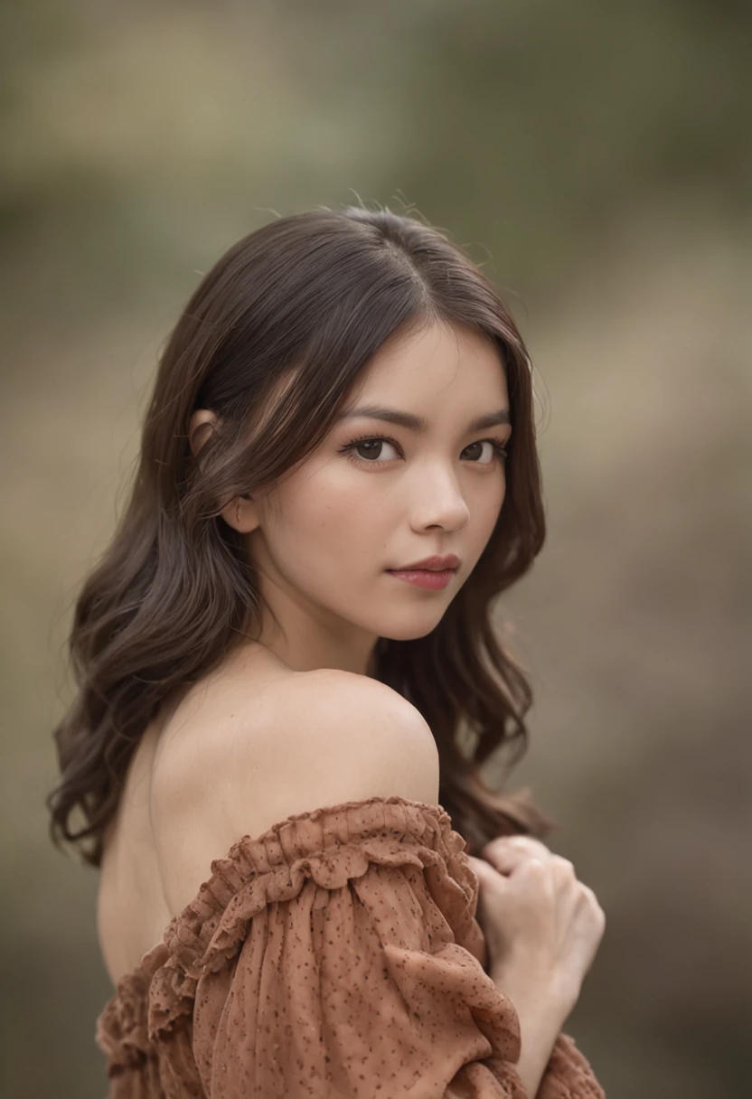 A woman with long hair wearing a brown dress posing for a picture - SeaArt  AI