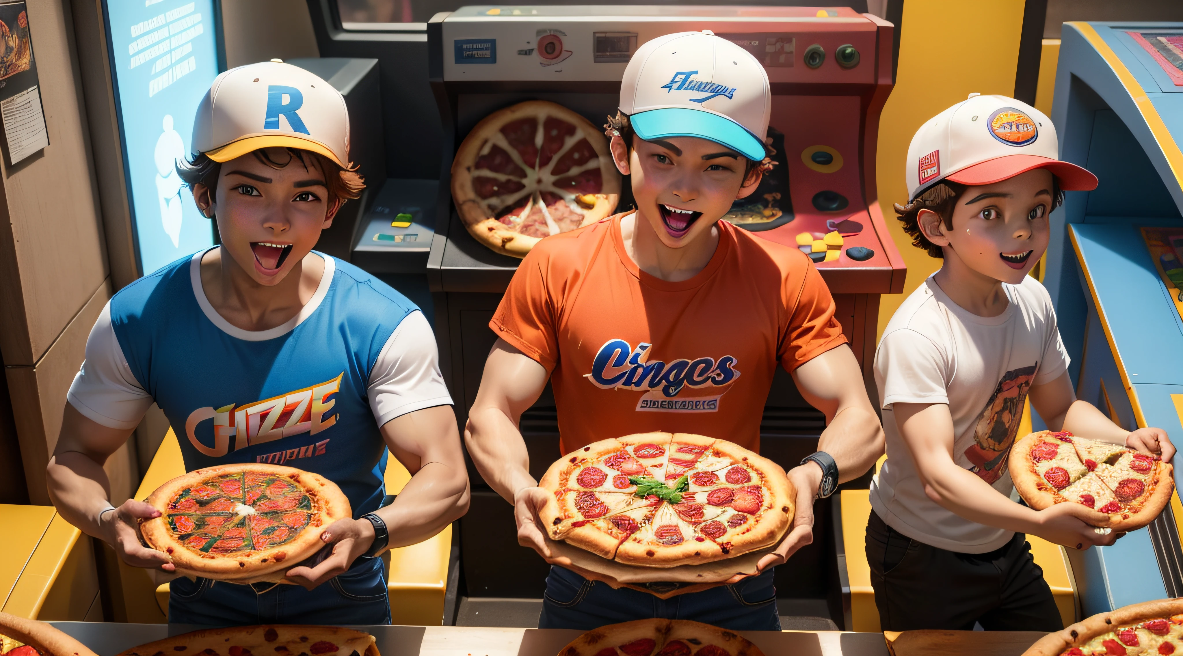 Three boys holding pizzas in front of a display of different types of pizza  - SeaArt AI