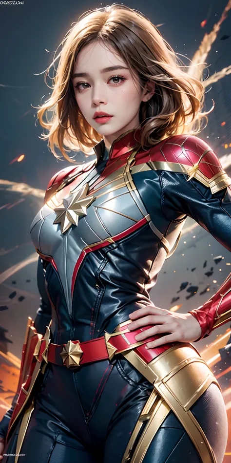 photorealistic, high resolution, soft light,1women, solo, hips up, shining skin, (detailed face), captain marvel costume, jewelr...