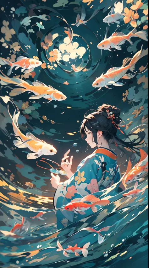 action  shot, Hanfu girls swim surrounded by flocks of koi , Spiral mode, Underwater perspective, Look up at the sky under the s...