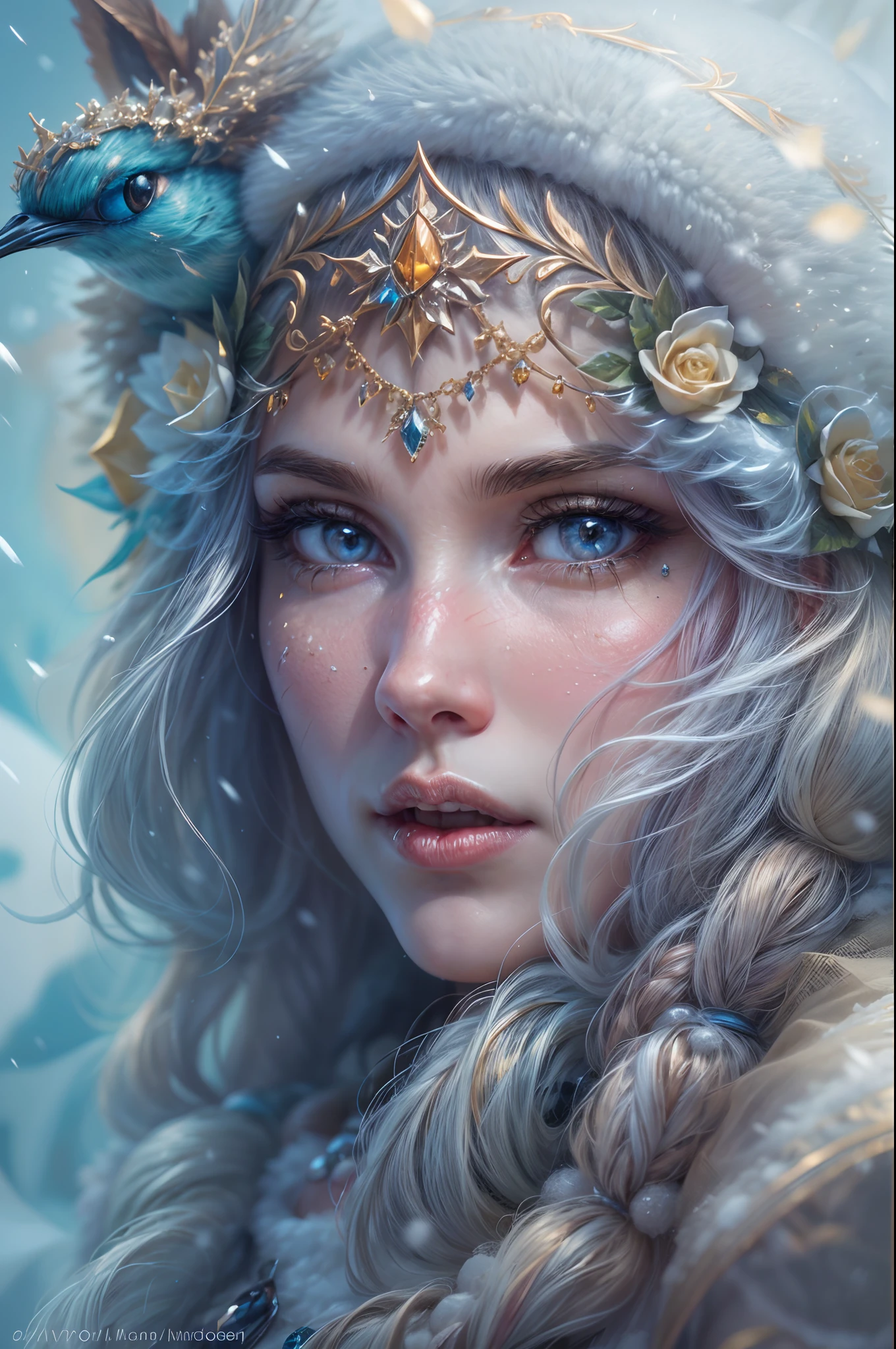 This is a realistic fantasy artwork taking place in a subzero cold winter landscape. Generate a stately, elegant, and graceful Pocahontas elf in a magical world of stunning gilded roses with multicolors and shimmering ice glittering in the light. Her face is elegant and middle-aged and includes realistic shading, incredibly detailed and distinct features, soft puffy and kissable mouth, and (realistic eyes). (Her eyes are important) and should be (beautiful detailed eyes with macro details), realistic details, and a shifting array of beautiful blue colors. Her clothes should be delicately spun from weightless, airy, and expensive gossamer silk with delicate and very subtle floral embroidery, (((many warm layers))), and a variety of complementary colors as well as lots of luxurious fur. Her breasts are subtle and her clothing is very warm and heavy. This image is incredibly creative and emphasizes the beautiful detail of the gilded roses and the pure snow on the ornate ice. Include beautiful detailed snowflakes, icy air, and magical doves. Include pebbles, stones, bumps, glitter, and iridescence. Camera: Utilize dynamic composition techniques to draw the viewer into the scene. Lighting: Enhance the glitter of the snow and ice and emphasize the fantasy winter aspect of the image. Take inspiration from top masters of the genre and trending Midjourney and ArtStation art.