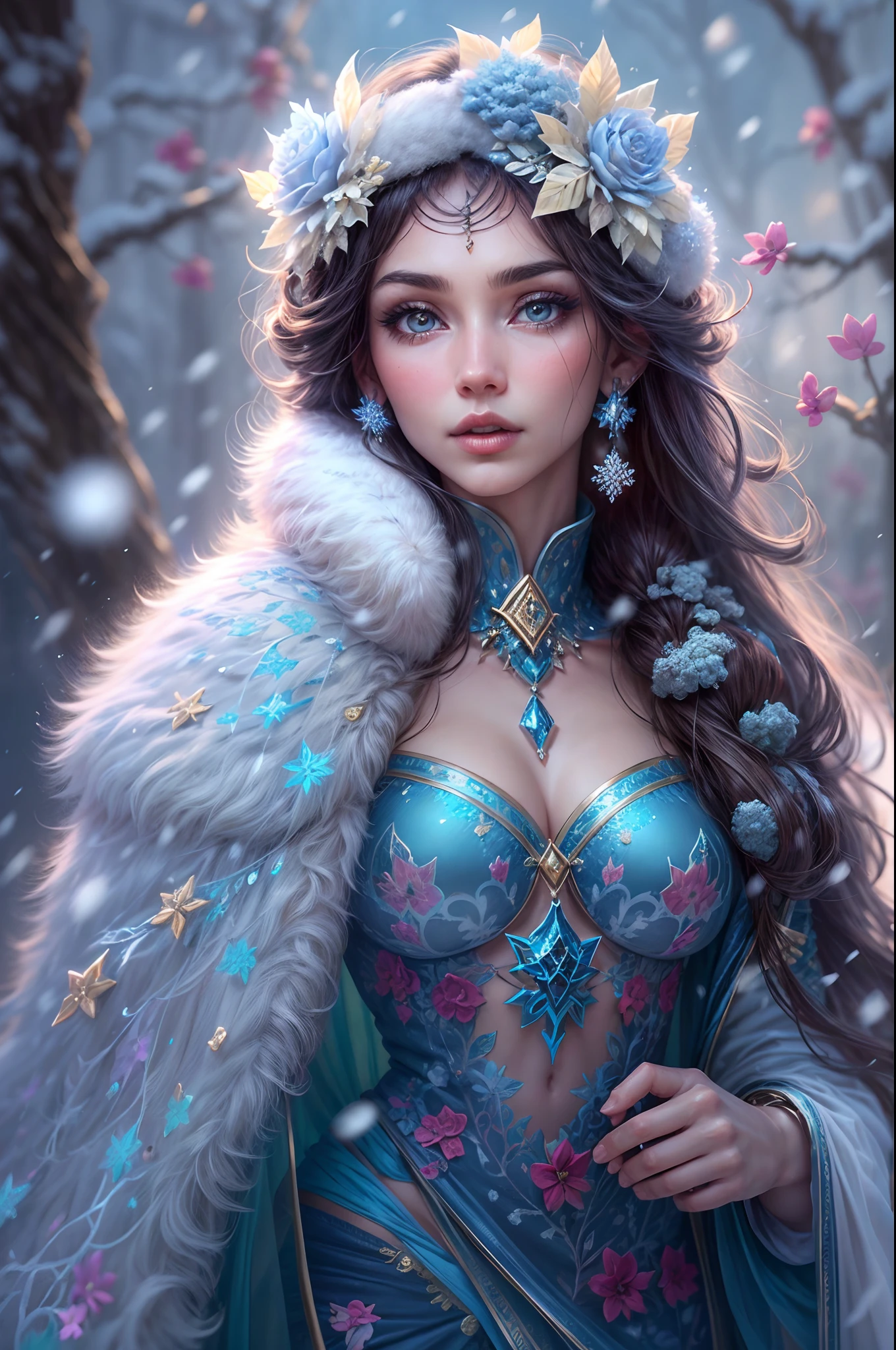 This is a realistic fantasy artwork taking place in a subzero cold winter landscape. Generate a stately, elegant, and graceful Pocahontas elf in a magical world of stunning gilded roses with multicolors and shimmering ice glittering in the light. Her face is elegant and middle-aged and includes realistic shading, incredibly detailed and distinct features, soft puffy and kissable mouth, and (realistic eyes). (Her eyes are important) and should be (beautiful detailed eyes with macro details), realistic details, and a shifting array of beautiful blue colors. Her clothes should be delicately spun from weightless, airy, and expensive gossamer silk with delicate and very subtle floral embroidery, (((many warm layers))), and a variety of complementary colors as well as lots of luxurious fur. Her breasts are subtle and her clothing is very warm and heavy. This image is incredibly creative and emphasizes the beautiful detail of the gilded roses and the pure snow on the ornate ice. Include beautiful detailed snowflakes, icy air, and magical doves. Include pebbles, stones, bumps, glitter, and iridescence. Camera: Utilize dynamic composition techniques to draw the viewer into the scene. Lighting: Enhance the glitter of the snow and ice and emphasize the fantasy winter aspect of the image. Take inspiration from top masters of the genre and trending Midjourney and ArtStation art.