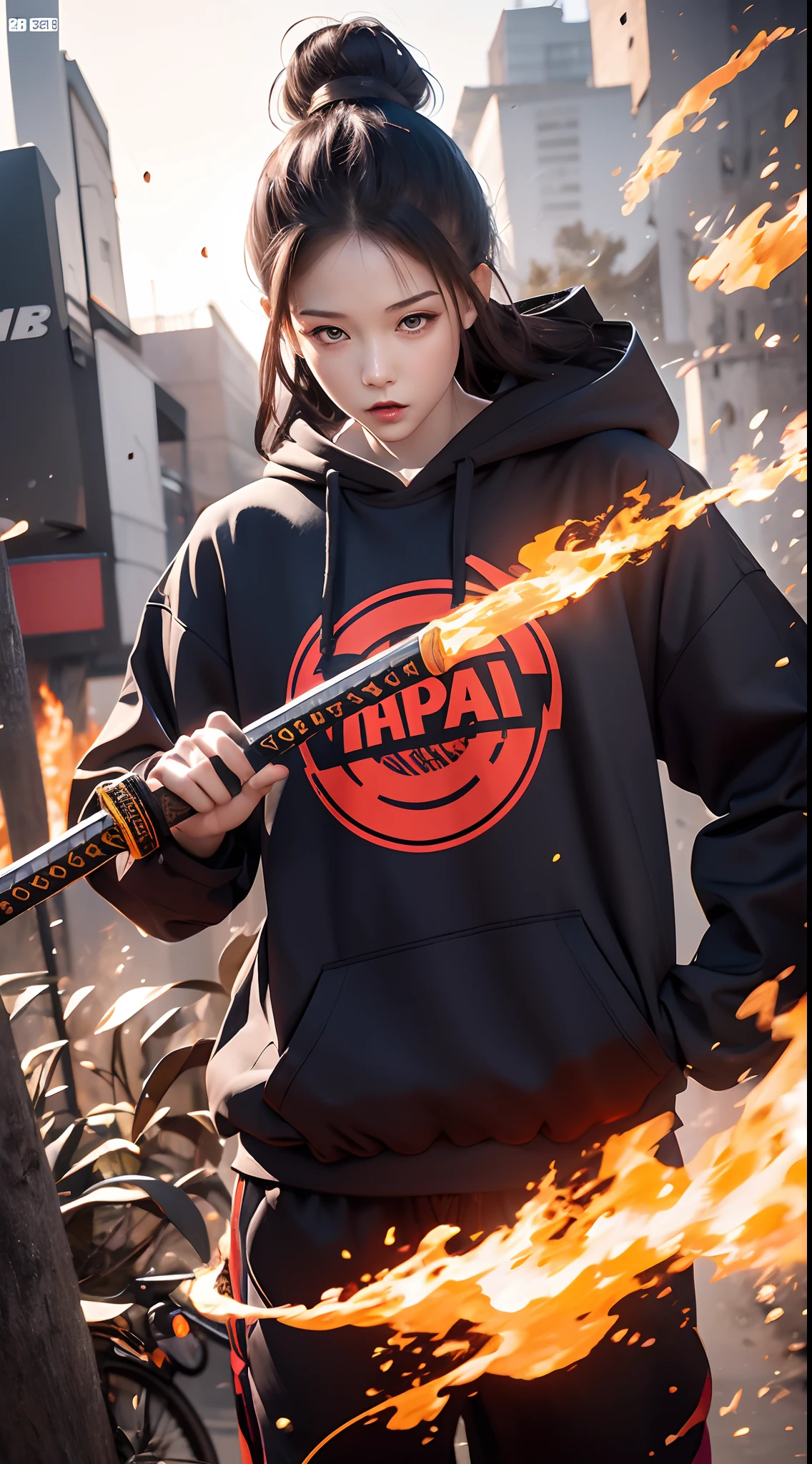 Illustration of double katana colorful, Ignite a fire, Smoke and waves, Japanese style artwork, Detailed design of streetwear and urban style t-shirt design, Hoodies, etc. Professional vectors, High quality, Digital art, bold line, Tough line, Circle logo.