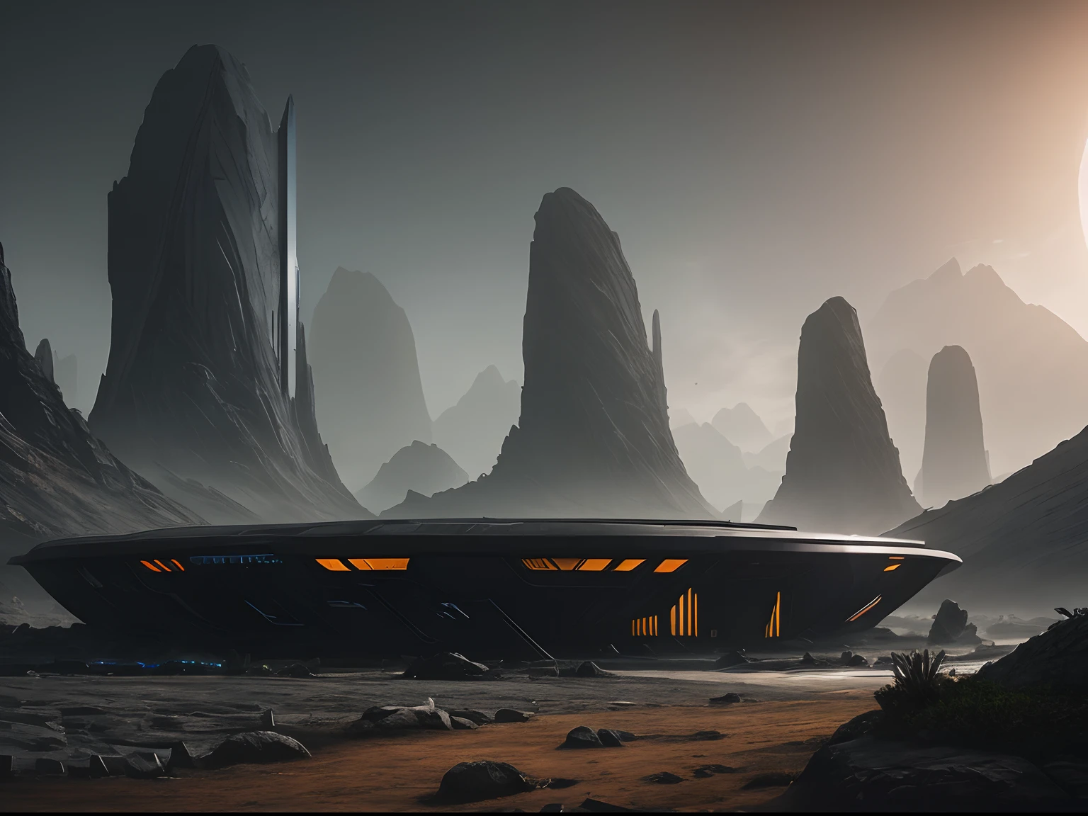 nature, epic futuristic base in the center, dark, fade, warm, glow at night, raw, hdr, (otherworldly alien dimension:1.3), cinematic, slate grey, dramatic light, architecture