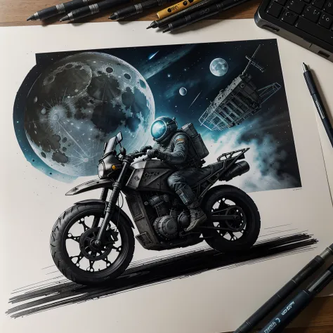 Moon vehicle in action, bits of color, Sketch, hand drawn, dark, gritty, realistic sketch, Rough sketch, mix of bold dark lines and loose lines, bold lines, on paper, lander sheet, tech, metal, slik, sci-fi, ghostly theme, (((items and gear listed on the side)))