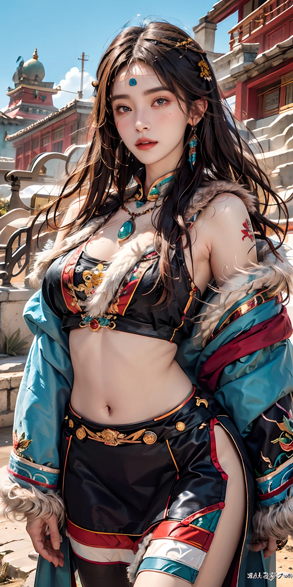 photorealistic, high resolution, soft light,1women, solo, hips up, shining skin, (detailed face), plateau,blue sky,grassland,extreme detailed,torogao, tibetan, tibet clothes, fur coat, jewelry, tattoo