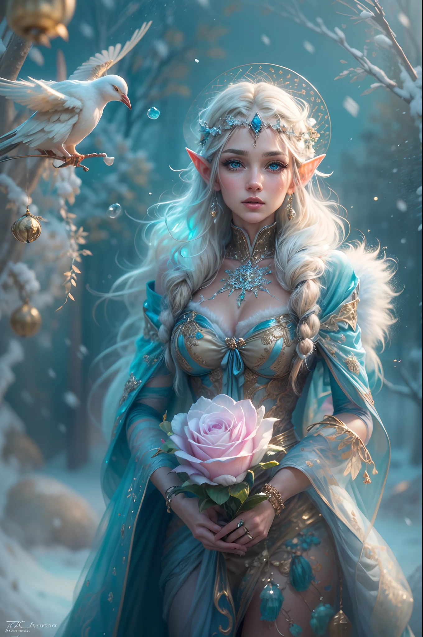 This is a realistic fantasy artwork taking place in a subzero cold winter landscape. Generate a stately, elegant, and graceful Pocahontas elf in a magical world of stunning gilded roses with multicolors and shimmering ice glittering in the light. Her face is elegant and middle-aged and includes realistic shading, incredibly detailed and distinct features, soft puffy and kissable mouth, and (realistic eyes). (Her eyes are important) and should be (beautiful detailed eyes with macro details), realistic details, and a shifting array of beautiful blue colors. Her clothes should be delicately spun from weightless, airy, and expensive gossamer silk with delicate and very subtle floral embroidery, (((many warm layers))), and a variety of complementary colors as well as lots of luxurious fur. Her breasts are subtle and her clothing is very warm and heavy. This image is incredibly creative and emphasizes the beautiful detail of the gilded roses and the pure snow on the ornate ice. Include beautiful detailed snowflakes, icy air, and magical doves. Include pebbles, stones, bumps, glitter, and iridescence. Camera: Utilize dynamic composition techniques to draw the viewer into the scene. Lighting: Enhance the glitter of the snow and ice and emphasize the fantasy winter aspect of the image. Take inspiration from top masters of the genre and trending Midjourney and ArtStation art.