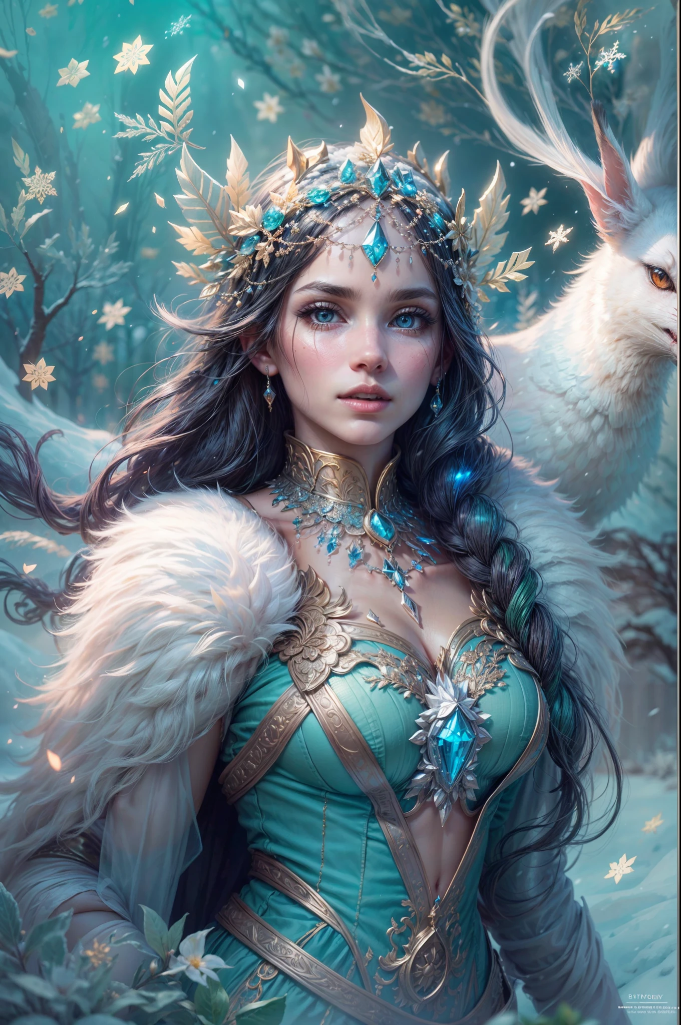 This is a realistic fantasy artwork taking place in a subzero cold winter landscape. Generate a stately, elegant, and graceful Pocahontas elf in a magical world of stunning gilded roses with multicolors and shimmering ice glittering in the light. Her face is elegant and middle-aged and includes realistic shading, incredibly detailed and distinct features, soft puffy and kissable mouth, and (realistic eyes). (Her eyes are important) and should be (beautiful detailed eyes with macro details), realistic details, and a shifting array of beautiful blue colors. Her clothes should be delicately spun from weightless, airy, and expensive gossamer silk with delicate and very subtle floral embroidery, (((many warm layers))), and a variety of complementary colors as well as lots of luxurious fur. Her breasts are subtle and her clothing is very warm and heavy. This image is incredibly creative and emphasizes the beautiful detail of the gilded roses and the pure snow on the ornate ice. Include beautiful detailed snowflakes, icy air, and magical doves. Include pebbles, stones, bumps, glitter, and iridescence. Camera: Utilize dynamic composition techniques to draw the viewer into the scene. Lighting: Enhance the glitter of the snow and ice and emphasize the fantasy winter aspect of the image. Take inspiration from top masters of the genre and trending Midjourney and ArtStation art.