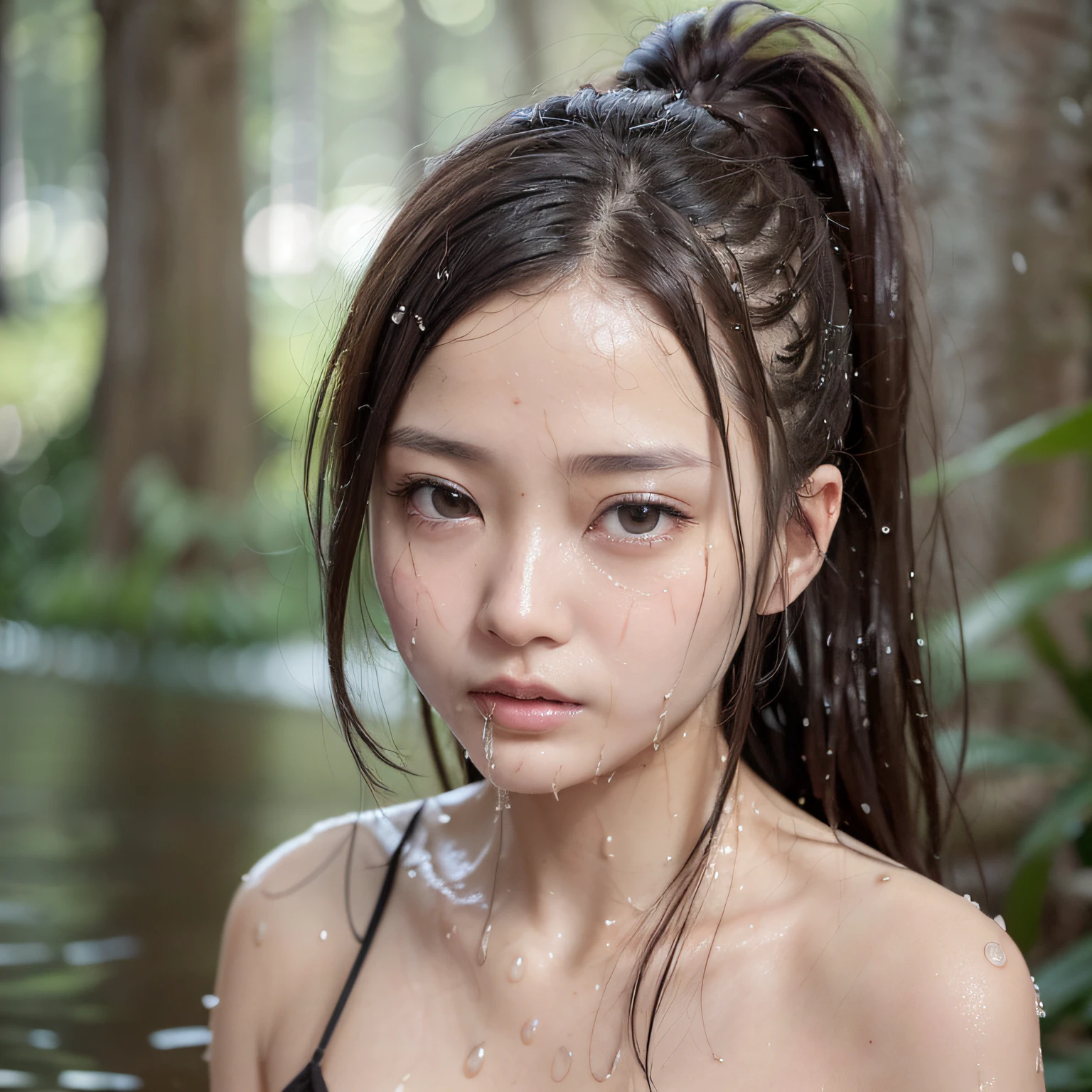 (in 8K、RAW Photography、top-quality、​masterpiece:1.2)、(realisitic、Photorealsitic:1.37)、1girl in、japanes、age19、FEMALES、((South Pole))、natural soft light、((Detailed face))、Detailed lips、(A detailed eye)、More skin、Double eyelids、((Wet Komono))、(Nipple protrusions:1.1)、(clatter toe)、perfectbody、(Wet body:1.4)、shinny skin、((dark brown hair、Colossal tits：1.2))、(natural soft light、the woods:1.2)、(Highly detailed facial and skin texture)、double eyelid、((Ponytail))、(splash water)、((Close your eyes))、((under the rain))、(length hair)、((Eating rice cakes))、((Looking Up))、