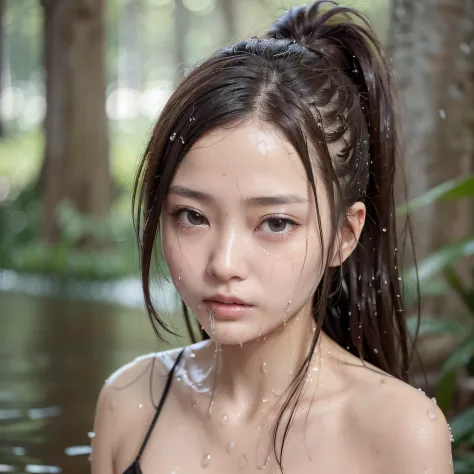(in 8K、RAW Photography、top-quality、​masterpiece:1.2)、(realisitic、Photorealsitic:1.37)、1girl in、japanes、age19、femele、((South Pole))、natural soft light、((Detailed face))、Detailed lips、(A detailed eye)、More skin、Double eyelids、((Wet Komono))、(Nipple protrusio...