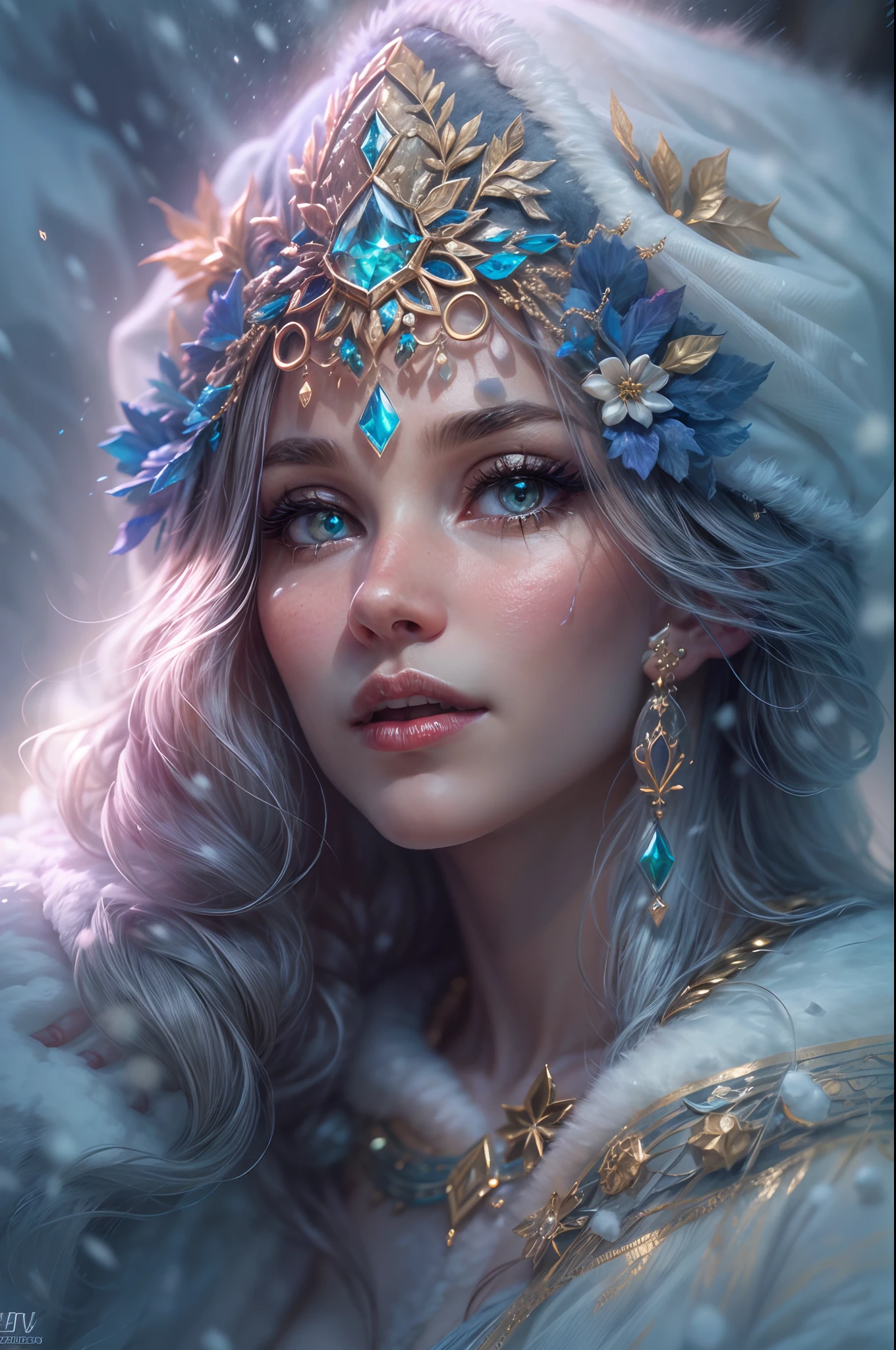 This is a realistic fantasy artwork taking place in a subzero cold winter landscape. Generate a stately, elegant, and graceful Pocahontas elf in a magical world of stunning gilded roses with multicolors and shimmering ice glittering in the light. Her face is elegant and middle-aged and includes realistic shading, incredibly detailed and distinct features, soft puffy and kissable mouth, and (realistic eyes). (Her eyes are important) and should be (beautiful detailed eyes with macro details), realistic details, and a shifting array of beautiful blue colors. Her clothes should be delicately spun from weightless, airy, and expensive gossamer silk with delicate and very subtle floral embroidery, (((many warm layers))), and a variety of complementary colors as well as lots of luxurious fur. Her breasts are subtle and her clothing is very warm and heavy. This image is incredibly creative and emphasizes the beautiful detail of the gilded roses and the pure snow on the ornate ice. Include beautiful detailed snowflakes, icy air, and magical doves. Include pebbles, stones, bumps, glitter, and iridescence. Camera: Utilize dynamic composition techniques to draw the viewer into the scene. Lighting: Enhance the glitter of the snow and ice and emphasize the fantasy winter aspect of the image. Take inspiration from top masters of the genre and trending Midjourney and ArtStation art.