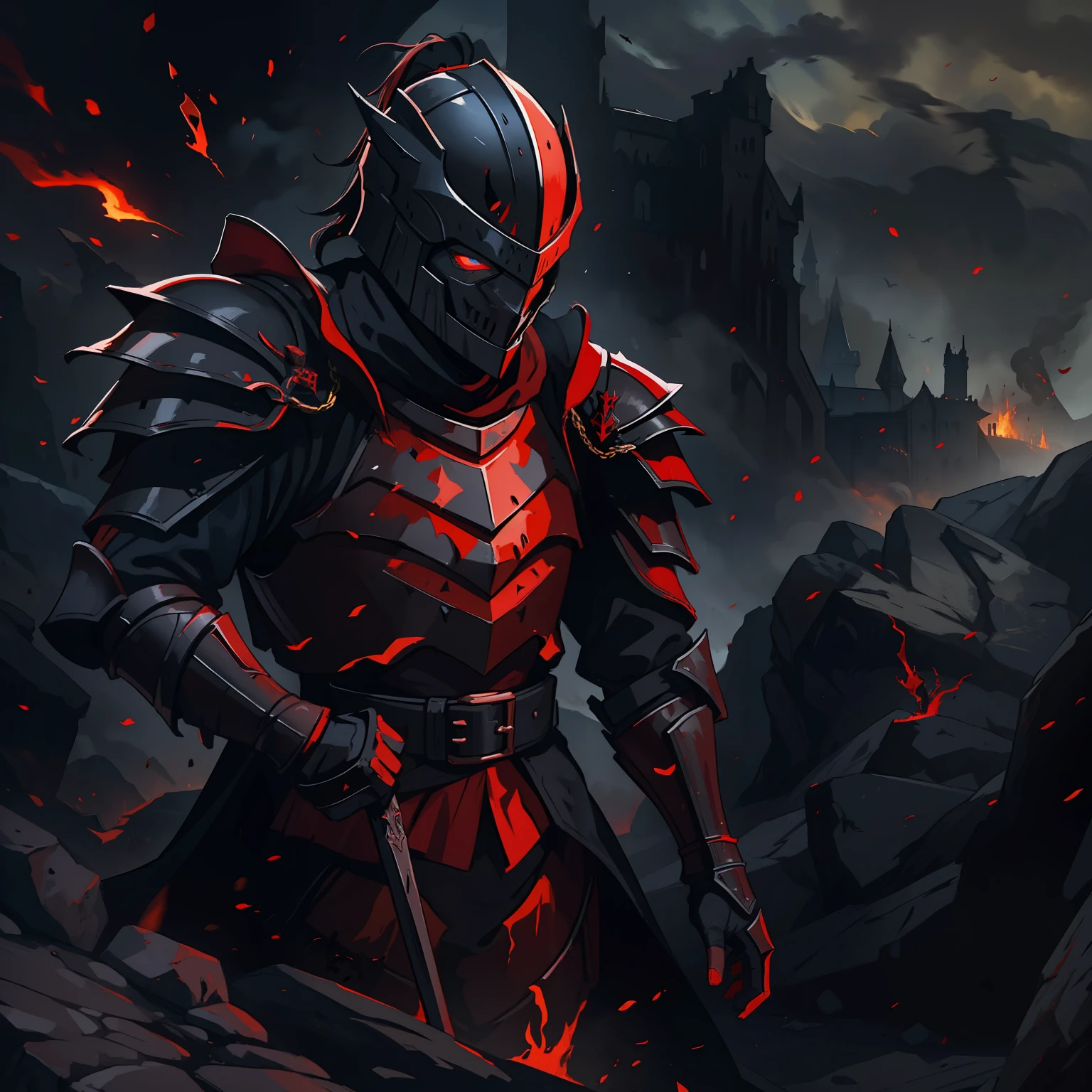 A medieval knight a soldier in his red and black armor with a cervical helmet helmet ponytail completely covered by the armor with a dark helmet that hides his face a dark knight in a dark castle of black rocks dark colors he is wearing black and dark armor and elegant as an attractive villain is wearing dark medieval black armor Use dark shades The image has to portray the essence of a villain with dragon clothes the essence of fire she is inspired by the volcanoes her dark essence through a medieval RPG art concept art medieval art art illustration rpg he is young and handsome a villain with an impressive beauty like that of a seductive vampire a villain smile villain with a soft look red and black armor cervical helmet a dramatic pose dramatic pose of villain striking pose cervical helmet