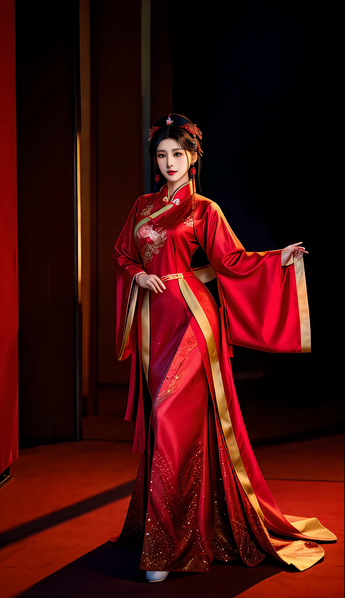 A woman in a red dress stands on stage，arms out, full-body xianxia, Wearing a red cheongsam, Cheongsam, Fan Bingbing, shaxi, elegant red color dress, Chinese dress, xision wu, wearing red formal attire, chinese empress, author：Teacher Elena, inspired by Xie Sun, ruan jia beautiful!