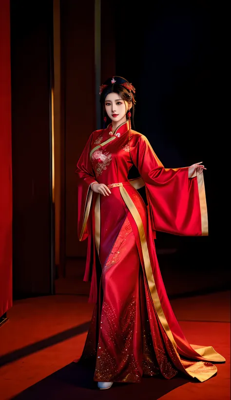 a woman in a red dress stands on stage，arms out, full-body xianxia, wearing a red cheongsam, cheongsam, fan bingbing, shaxi, ele...