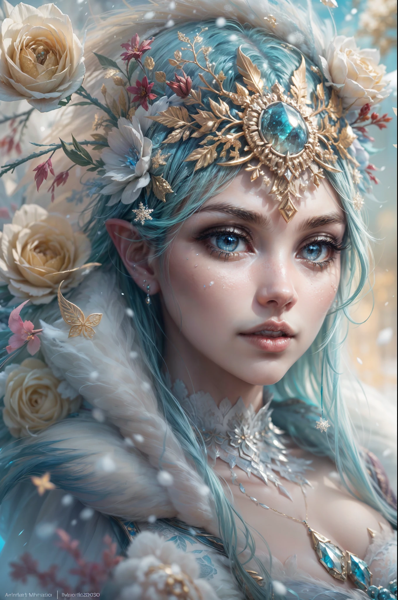 This is a realistic fantasy artwork taking place in a subzero cold winter landscape. Generate a stately, elegant, and graceful Pocahontas elf in a magical world of stunning gilded roses with multicolors and shimmering ice glittering in the light. Her face is elegant and middle-aged and includes realistic shading, incredibly detailed and distinct features, soft puffy and kissable mouth, and (realistic eyes). (Her eyes are important) and should be (beautiful detailed eyes with macro details), realistic details, and a shifting array of beautiful blue colors. Her clothes should be delicately spun from weightless, airy, and expensive gossamer silk with delicate and very subtle floral embroidery, (((many warm layers))), and a variety of complementary colors as well as lots of luxurious fur. Her breasts are subtle and her clothing is very warm and heavy. This image is incredibly creative and emphasizes the beautiful detail of the gilded roses and the pure snow on the ornate ice. Include beautiful detailed snowflakes, icy air, and magical doves. Include pebbles, stones, bumps, glitter, and iridescence. Camera: Utilize dynamic composition techniques to draw the viewer into the scene. Lighting: Enhance the glitter of the snow and ice and emphasize the fantasy winter aspect of the image. Take inspiration from top masters of the genre and trending Midjourney and ArtStation art.