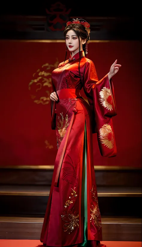 A woman in a red dress stands on stage，arms out, full-body xianxia, Wearing a red cheongsam, Cheongsam, Fan Bingbing, shaxi, ele...