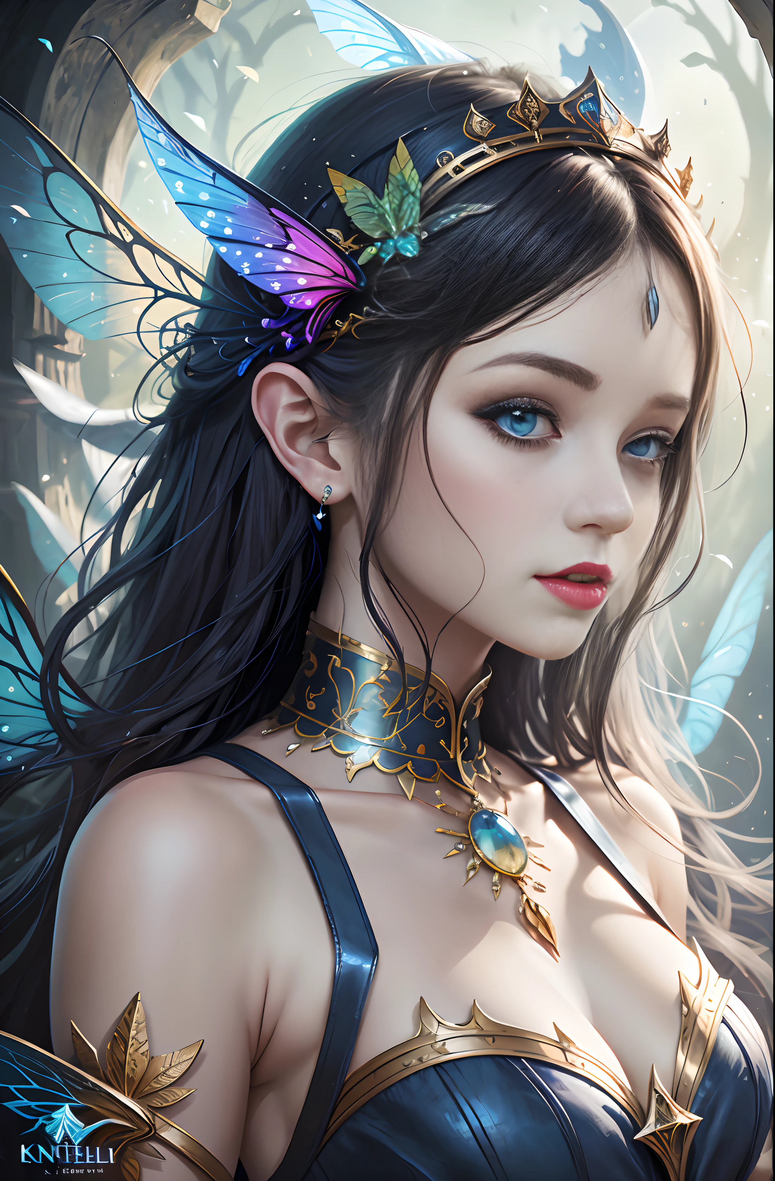 There is a woman with a butterfly headdress and a crown, digital fantasy art ), beautiful fantasy art portrait, Beautiful fantasy art, fantasy art style, detailed fantasy digital art, beautiful fantasy portrait, fantasy art portrait, Fantasy Art Behance, beautiful digital artwork, stunning digital illustration, Digital Art Fantasy Art, Art in Fantasy Style, detailed fantasy art, very beautiful fantasy art