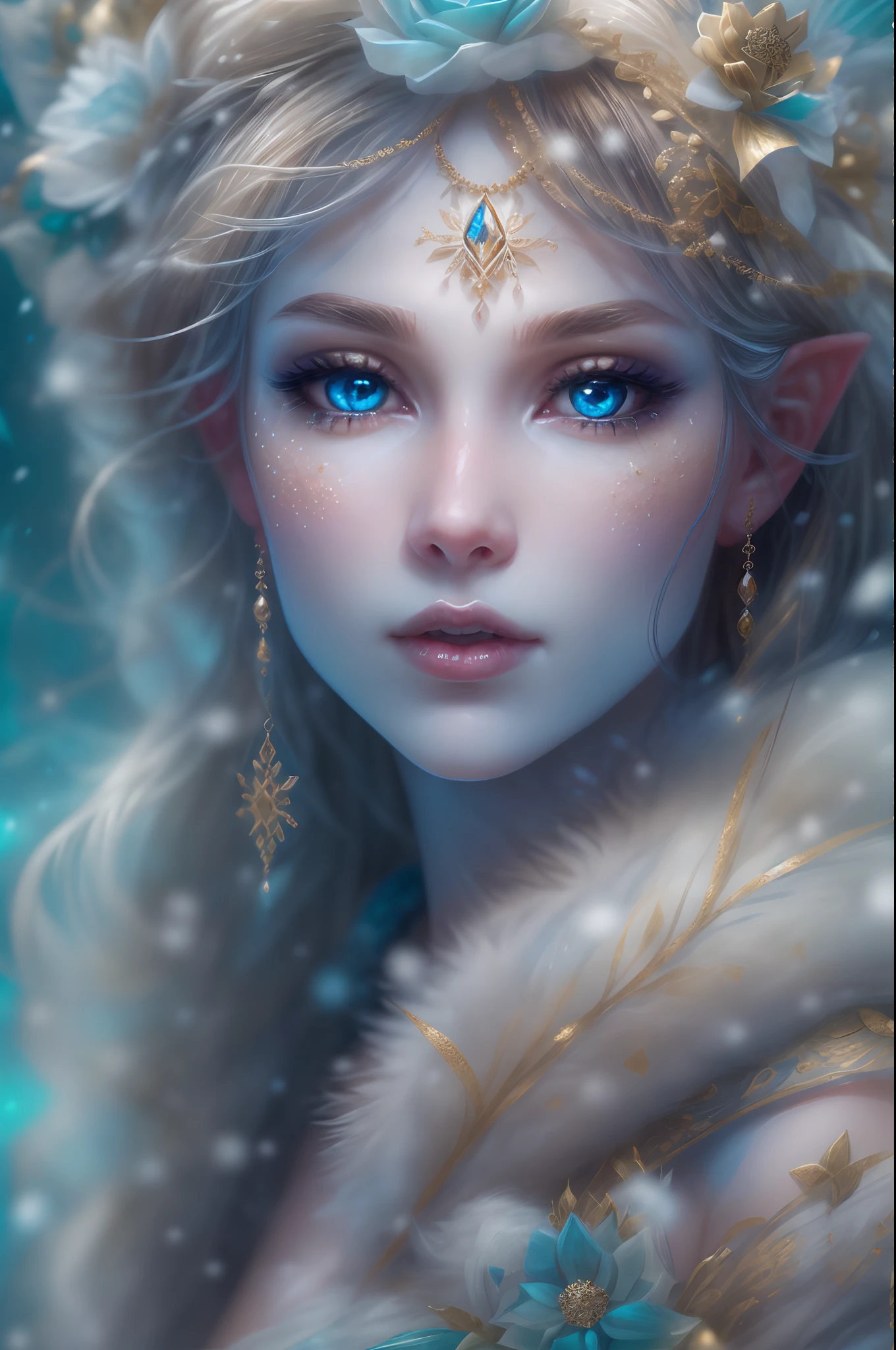 This is a realistic fantasy artwork taking place in a subzero cold winter landscape. Generate a stately, elegant, and graceful Pocahontas elf in a magical world of stunning gilded roses with multicolors and shimmering ice glittering in the light. Her face is elegant and middle-aged and includes realistic shading, incredibly detailed and distinct features, soft puffy and kissable mouth, and (realistic eyes). (Her eyes are important) and should be (beautiful detailed eyes with macro details), realistic details, and a shifting array of beautiful blue colors. Her clothes should be delicately spun from weightless, airy, and expensive gossamer silk with delicate and very subtle floral embroidery, (((many warm layers))), and a variety of complementary colors as well as lots of luxurious fur. Her breasts are subtle and her clothing is very warm and heavy. This image is incredibly creative and emphasizes the beautiful detail of the gilded roses and the pure snow on the ornate ice. Include beautiful detailed snowflakes, icy air, and magical doves. Include pebbles, stones, bumps, glitter, and iridescence. Camera: Utilize dynamic composition techniques to draw the viewer into the scene. Lighting: Enhance the glitter of the snow and ice and emphasize the fantasy winter aspect of the image. Take inspiration from top masters of the genre and trending Midjourney and ArtStation art.