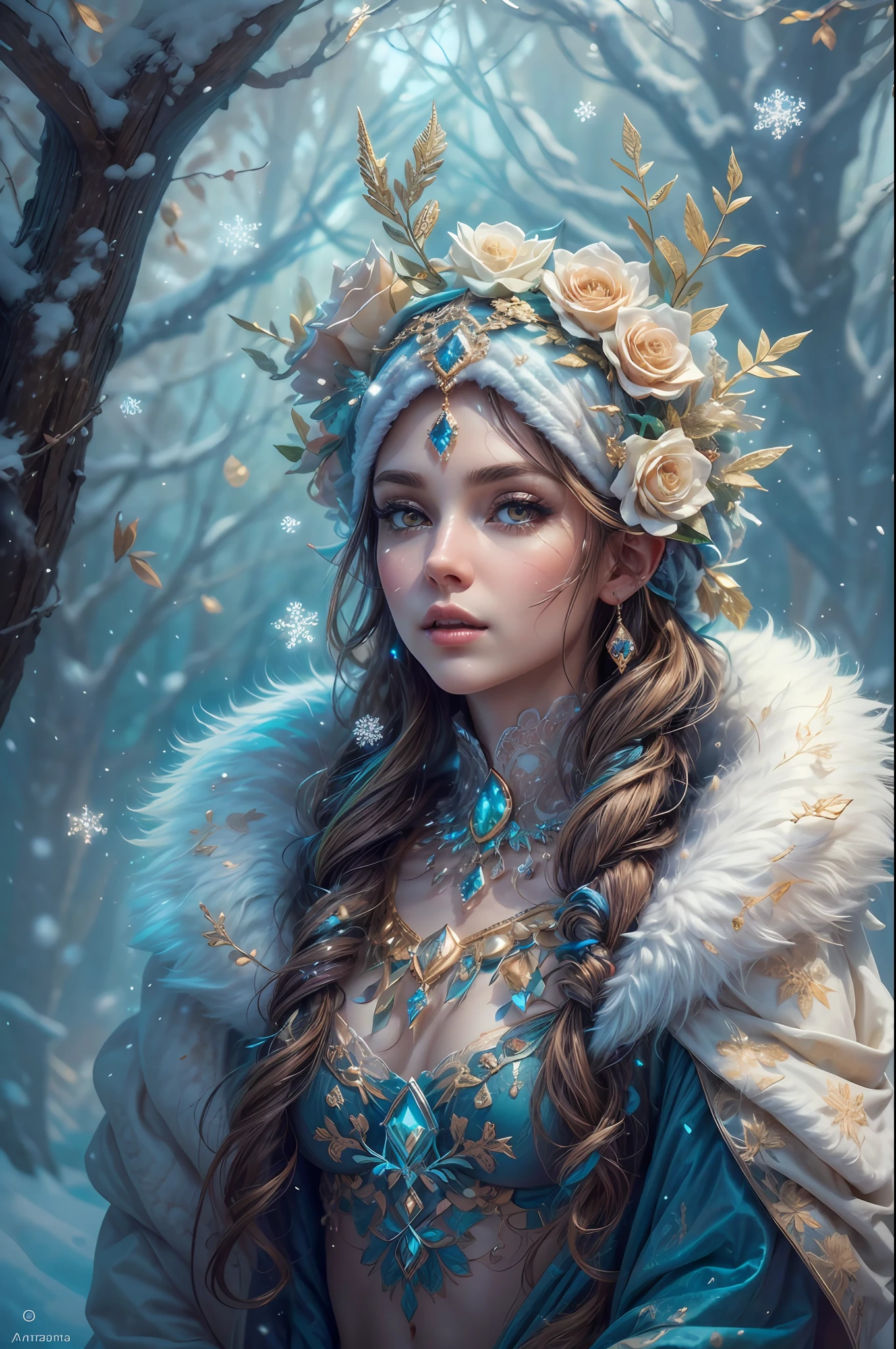 This is a realistic fantasy artwork taking place in a subzero cold winter landscape. Generate a stately, elegant, and graceful Pocahontas elf in a magical world of stunning gilded roses with multicolors and shimmering ice glittering in the light. Her face is elegant and middle-aged and includes realistic shading, incredibly detailed and distinct features, soft puffy and kissable mouth, and (realistic eyes). (Her eyes are important) and should be (beautiful detailed eyes with macro details), realistic details, and a shifting array of beautiful blue colors. Her clothes should be delicately spun from weightless, airy, and expensive gossamer silk with delicate and very subtle floral embroidery, (((many warm layers))), and a variety of complementary colors as well as lots of luxurious fur. Her breasts are subtle and her clothing is very warm and heavy. This image is incredibly creative and emphasizes the beautiful detail of the gilded roses and the pure snow on the ornate ice. Include beautiful detailed snowflakes, icy air, and magical doves. Include pebbles, stones, bumps, glitter, and iridescence. Camera: Utilize dynamic composition techniques to draw the viewer into the scene. Lighting: Enhance the glitter of the snow and ice and emphasize the fantasy winter aspect of the image. Take inspiration from top masters of the genre and trending Midjourney and ArtStation art.