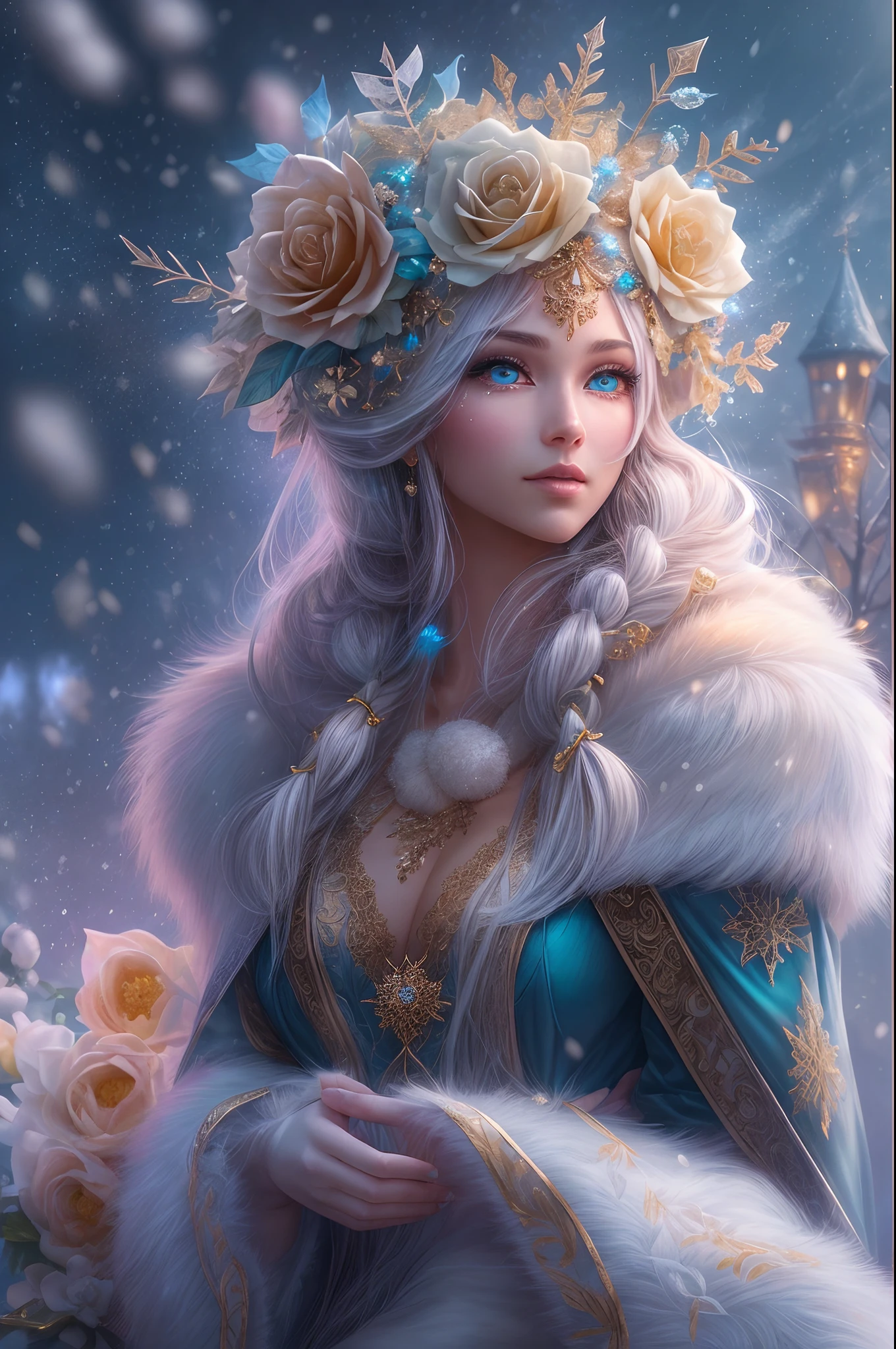 This is a realistic fantasy artwork taking place in a subzero cold winter landscape. Generate a stately, elegant, and graceful Pocahontas elf in a magical world of stunning gilded roses with multicolors and shimmering ice glittering in the light. Her face is elegant and middle-aged and includes realistic shading, incredibly detailed and distinct features, soft puffy and kissable mouth, and (realistic eyes). (Her eyes are important) and should be (beautiful detailed eyes with macro details), realistic details, and a shifting array of beautiful blue colors. Her clothes should be delicately spun from weightless, airy, and expensive gossamer silk with delicate and very subtle floral embroidery, (((many warm layers))), and a variety of complementary colors as well as lots of luxurious fur. Her breasts are subtle and her clothing is very warm and heavy. This image is incredibly creative and emphasizes the beautiful detail of the gilded roses and the pure snow on the ornate ice. Include beautiful detailed snowflakes, icy air, and magical doves. Include pebbles, stones, bumps, glitter, and iridescence. Camera: Utilize dynamic composition techniques to draw the viewer into the scene. Lighting: Enhance the glitter of the snow and ice and emphasize the fantasy winter aspect of the image. Take inspiration from top masters of the genre and trending Midjourney and ArtStation art.