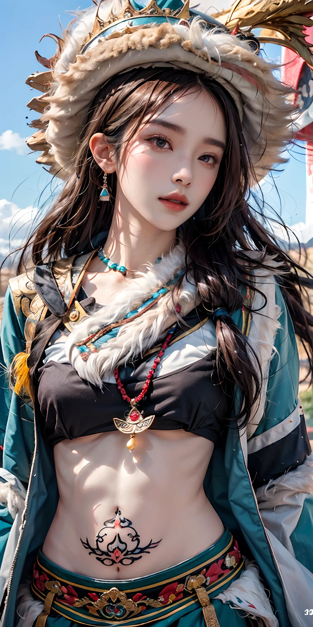 photorealistic, high resolution, soft light,1women, solo, hips up, shining skin, (detailed face), plateau,blue sky,grassland,extreme detailed,torogao, tibetan, tibet clothes, fur coat, jewelry, tattoo