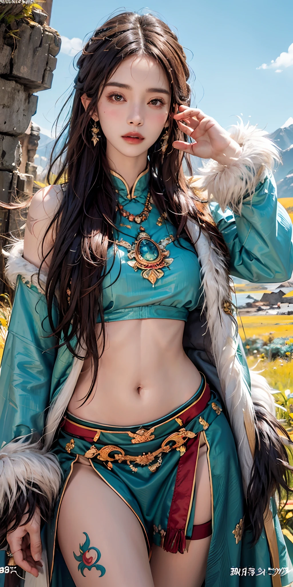 photorealistic, high resolution, soft light,1women, solo, hips up, shining skin, (detailed face), plateau,blue sky,grassland,extreme detailed,torogao, tibetan, tibet clothes, fur coat, jewelry, tattoo