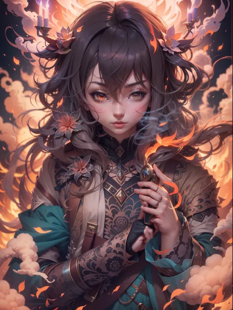"Create a mesmerizing, high-definition artwork in an anime style featuring a captivating smoke background. Emphasize vibrant colors, intricate details, and a wide angle perspective. Enhance the composition with soft lighting and elements of fantasy."