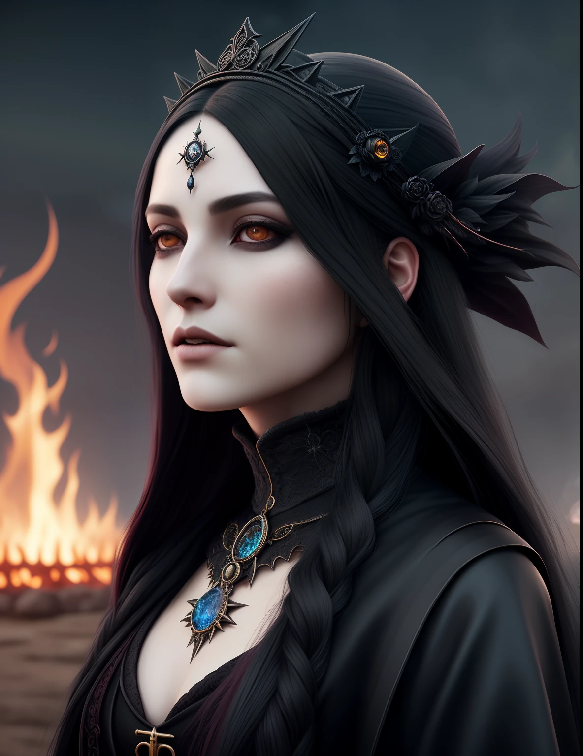 witch priestess, long black hair blowing in the wind, caldren, fire, black dog, Concept art portrait, hyperdetailed intricately detailed gothic art, textured skin, cold skin pores,  Unreal Engine 5 detailed matte painting, deep color, fantastical, intricate detail, complementary colors, fantasy concept art, 8k resolution, gothic deviantart masterpiece, moon