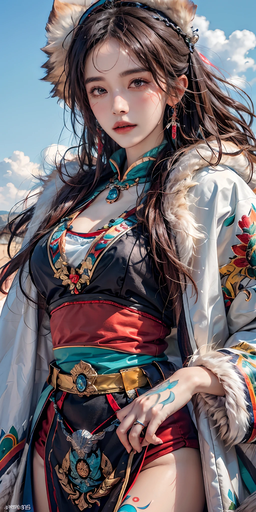 Photoréaliste, haute résolution, Lumière douce,1femme, seulement, hanches levées, peau brillante, (Visage détaillé), plateau,ciel bleu,prairie,extrêmement détaillé,torogao, vêtements du Tibet, manteau de fourrure, bijoux, Tatouage