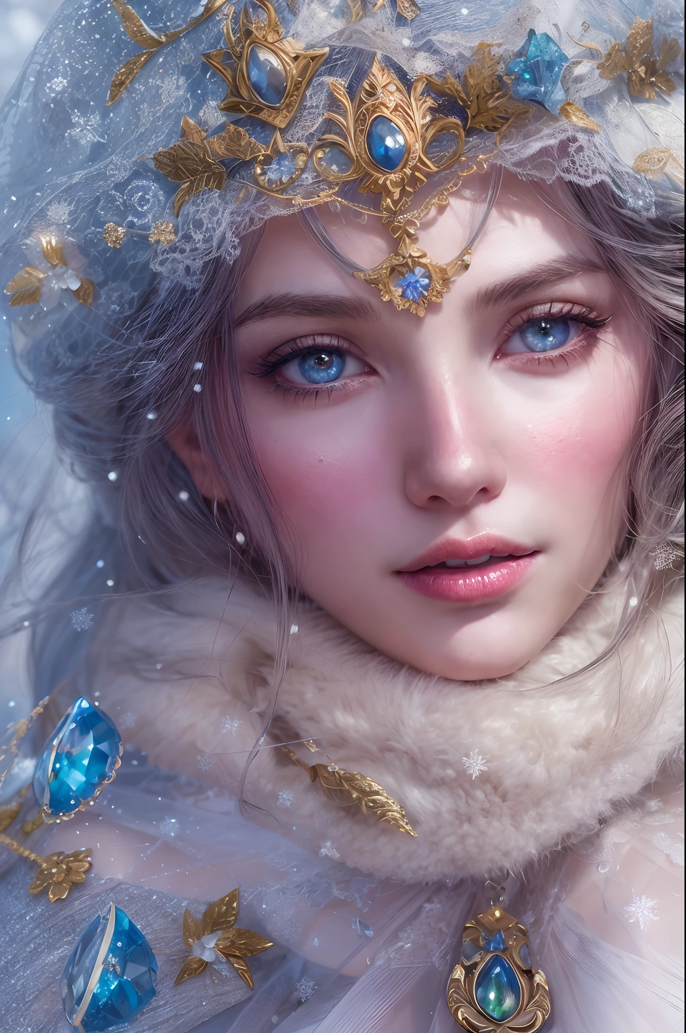 This is a realistic fantasy artwork taking place in a subzero cold winter landscape. Generate a stately, elegant, and graceful Pocahontas elf in a magical world of stunning gilded roses with multicolors and shimmering ice glittering in the light. Her face is elegant and middle-aged and includes realistic shading, incredibly detailed and distinct features, soft puffy and kissable mouth, and (realistic eyes). (Her eyes are important) and should be (beautiful detailed eyes with macro details), realistic details, and a shifting array of beautiful blue colors. Her clothes should be delicately spun from weightless, airy, and expensive gossamer silk with delicate and very subtle floral embroidery, (((many warm layers))), and a variety of complementary colors as well as lots of luxurious fur. Her breasts are subtle and her clothing is very warm and heavy. This image is incredibly creative and emphasizes the beautiful detail of the gilded roses and the pure snow on the ornate ice. Include beautiful detailed snowflakes, icy air, and magical doves. Include pebbles, stones, bumps, glitter, and iridescence. Camera: Utilize dynamic composition techniques to draw the viewer into the scene. Lighting: Enhance the glitter of the snow and ice and emphasize the fantasy winter aspect of the image. Take inspiration from top masters of the genre and trending Midjourney and ArtStation art.