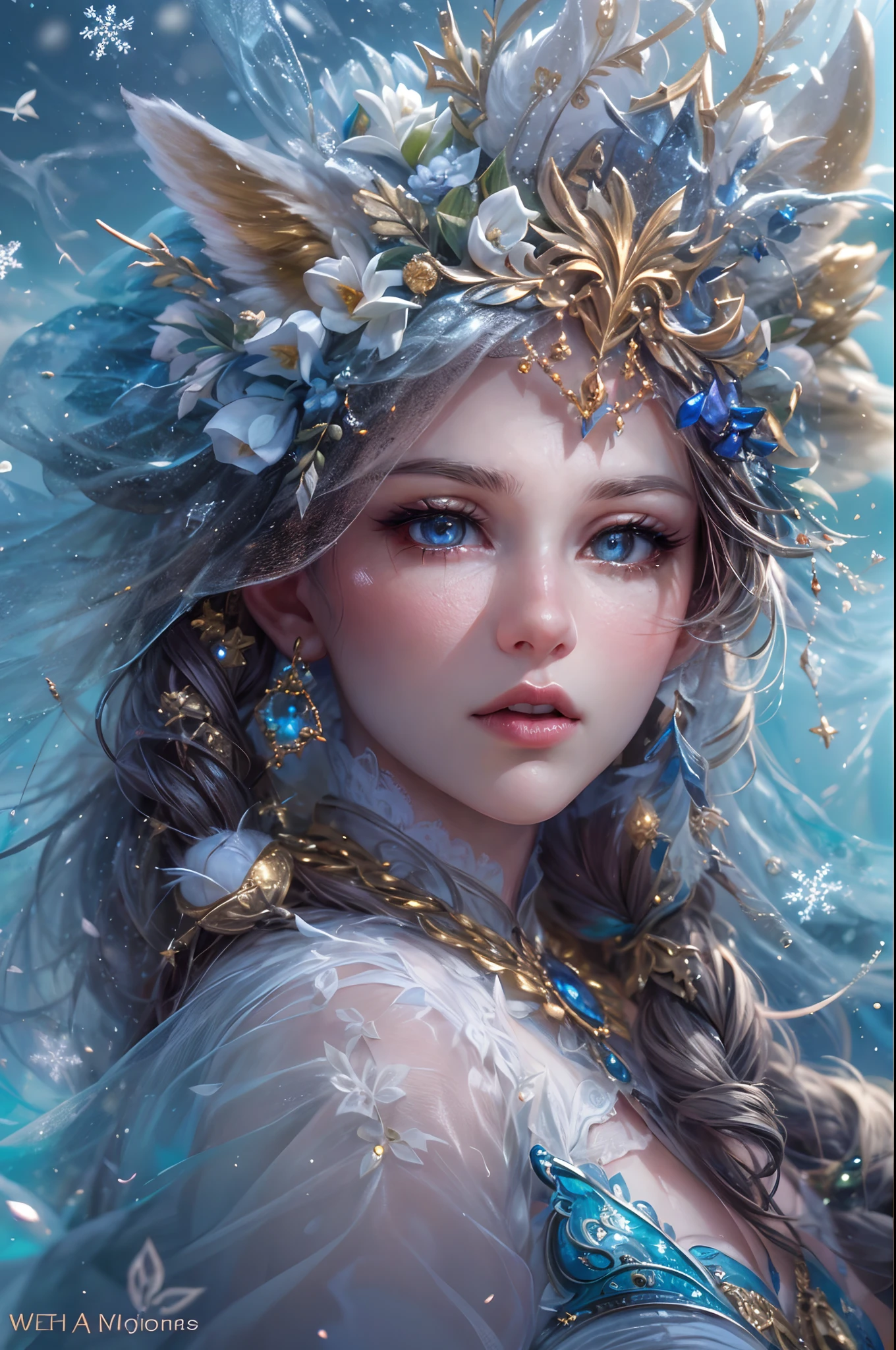 This is a realistic fantasy artwork taking place in a subzero cold winter landscape. Generate a stately, elegant, and graceful Pocahontas elf in a magical world of stunning gilded roses with multicolors and shimmering ice glittering in the light. Her face is elegant and middle-aged and includes realistic shading, incredibly detailed and distinct features, soft puffy and kissable mouth, and (realistic eyes). (Her eyes are important) and should be (beautiful detailed eyes with macro details), realistic details, and a shifting array of beautiful blue colors. Her clothes should be delicately spun from weightless, airy, and expensive gossamer silk with delicate and very subtle floral embroidery, (((many warm layers))), and a variety of complementary colors as well as lots of luxurious fur. Her breasts are subtle and her clothing is very warm and heavy. This image is incredibly creative and emphasizes the beautiful detail of the gilded roses and the pure snow on the ornate ice. Include beautiful detailed snowflakes, icy air, and magical doves. Include pebbles, stones, bumps, glitter, and iridescence. Camera: Utilize dynamic composition techniques to draw the viewer into the scene. Lighting: Enhance the glitter of the snow and ice and emphasize the fantasy winter aspect of the image. Take inspiration from top masters of the genre and trending Midjourney and ArtStation art.