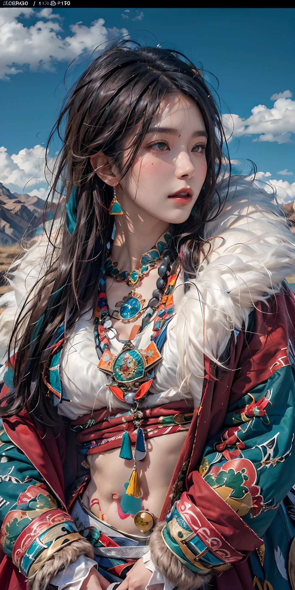 Photoréaliste, haute résolution, Lumière douce,1femme, seulement, hanches levées, peau brillante, (Visage détaillé), plateau,ciel bleu,prairie,extrêmement détaillé,torogao, vêtements du Tibet, manteau de fourrure, bijoux, Tatouage