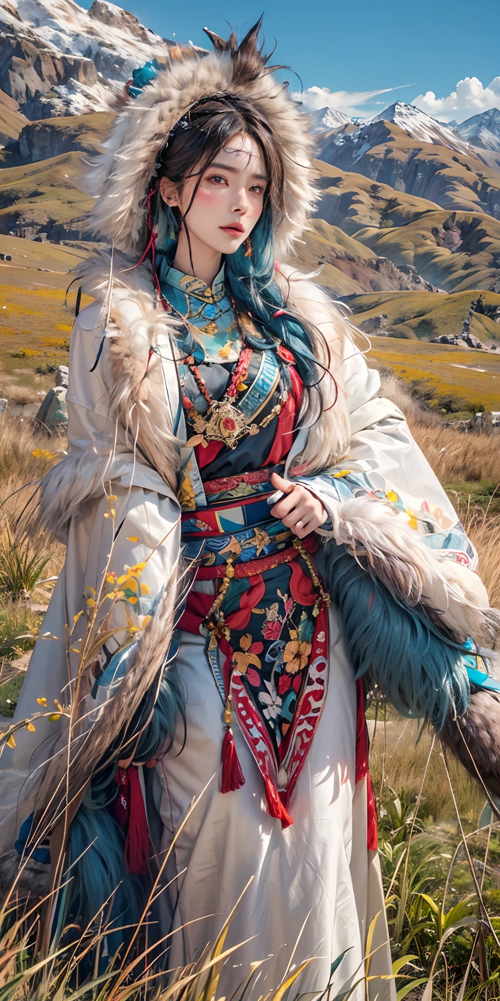 Photoréaliste, haute résolution, Lumière douce,1femme, seulement, hanches levées, peau brillante, (Visage détaillé), plateau,ciel bleu,prairie,extrêmement détaillé,torogao, vêtements du Tibet, manteau de fourrure, bijoux, Tatouage