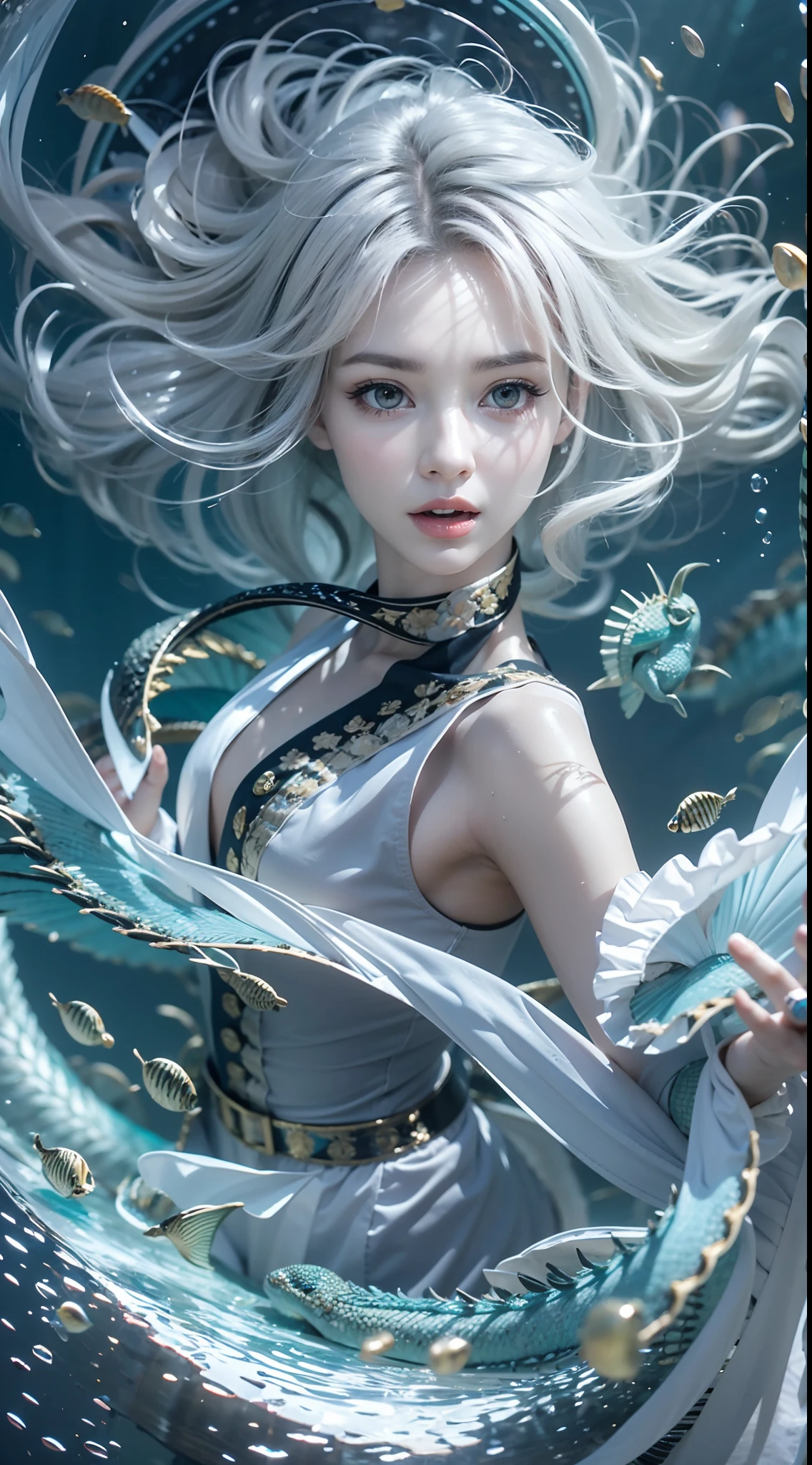 Double whirlwind pattern design garment，Heterochromic pupils，Silver-haired girl，Partial underwater photography，Look up，Protagonist perspective，Water Dragon Magic，light particules，Mixed exposure，wallpaper hd