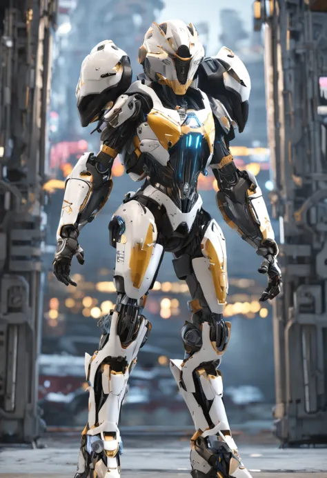 A woman, white mecha suit + black armor with silver parts, long, short golden hair, hair with bangs in front of her eyes, helmet on her head, sparkling blue eyes, looking at the viewer, ((( pose interacting and leaning [ on an object | on something in the ...