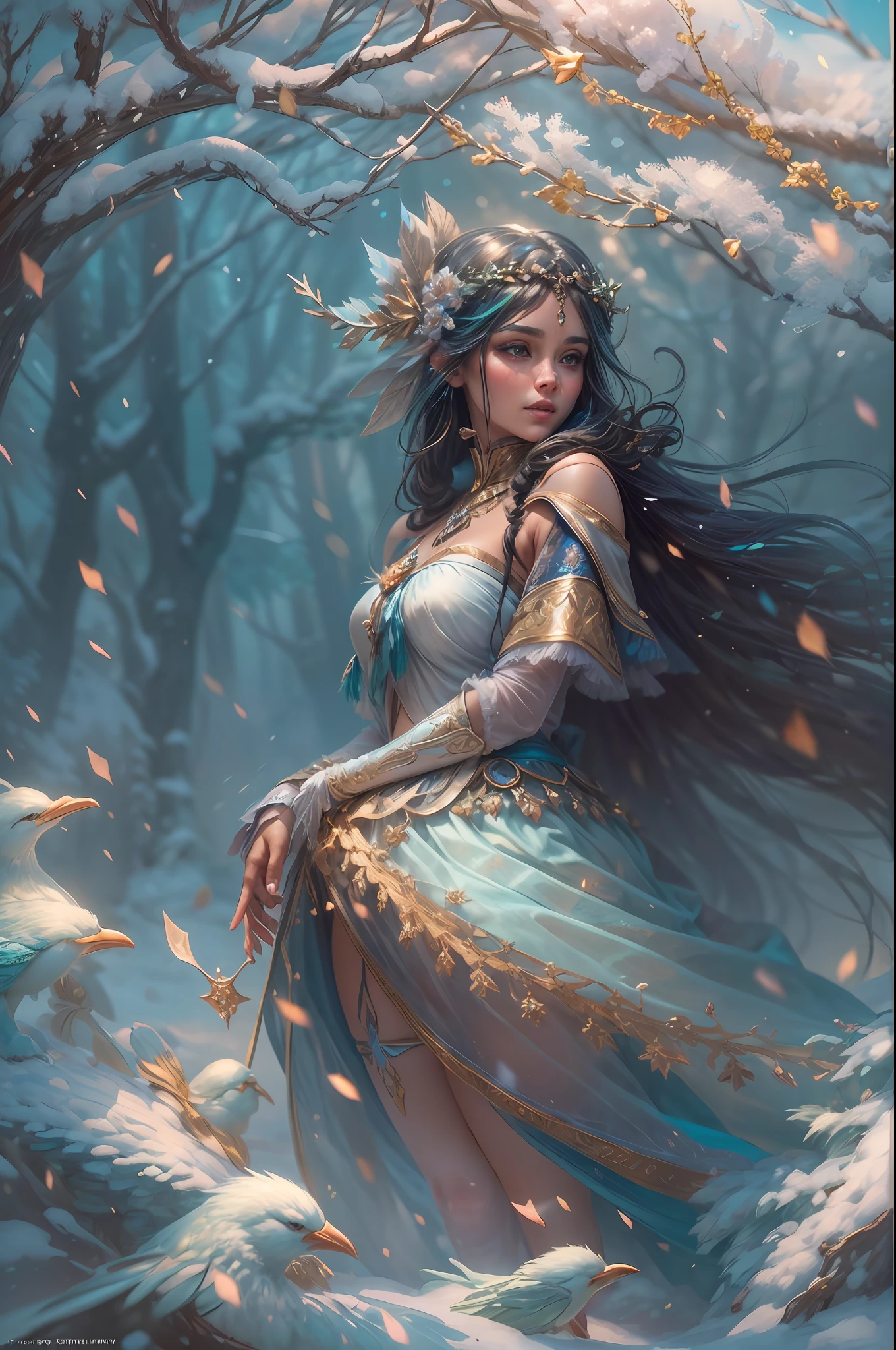 This is a realistic fantasy artwork taking place in a subzero cold winter landscape. Generate a stately, elegant, and graceful (((Pocahontas))) elf in a magical world of stunning gilded roses with multicolors and shimmering ice glittering in the light. Her face is elegant and middle-aged and includes realistic shading, incredibly detailed and distinct features, ((soft puffy and kissable mouth with a defined cupid's bow)), and (realistic eyes). (Her eyes are important) and should be (beautiful detailed eyes with macro details), realistic details, and a shifting array of beautiful blue colors. Her clothes should be delicately spun from weightless, airy, and expensive gossamer silk with delicate and very subtle floral embroidery, (((many warm layers))), and a variety of complementary colors as well as lots of luxurious fur. Her breasts are subtle and her clothing is very warm and heavy. This image is incredibly creative and emphasizes the beautiful detail of the gilded roses and the pure snow on the ornate ice. Include beautiful detailed snowflakes, icy air, and magical doves. Include pebbles, stones, bumps, glitter, and iridescence. Camera: Utilize dynamic composition techniques to draw the viewer into the scene. Lighting: Enhance the glitter of the snow and ice and emphasize the fantasy winter aspect of the image. Take inspiration from top masters of the genre and trending Midjourney and ArtStation art.