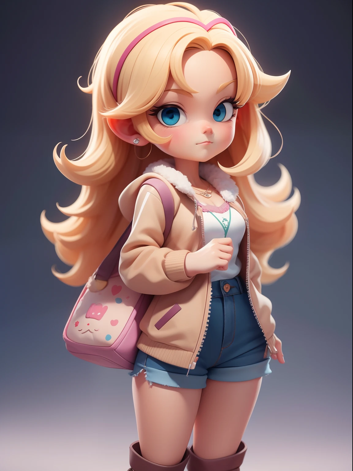 uma garota super bonito, corpo inteiro, dreamy cute blonde hair accessoriesPopmart Blind Box, IP de design, clean background and bright 3D rendering, OC rendering, 8k, Foco suave, fino Glossysuper detalhe --ar 3:6 50 --q 2 --niji 5 --estilo expressivo --s 2