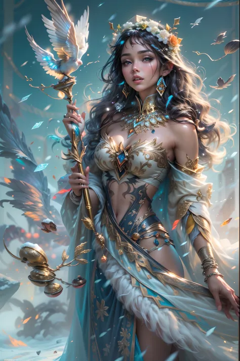 This is a realistic fantasy artwork taking place in a subzero cold winter landscape. Generate a stately, elegant, and graceful (((Pocahontas))) elf in a magical world of stunning gilded roses with multicolors and shimmering ice glittering in the light. Her...