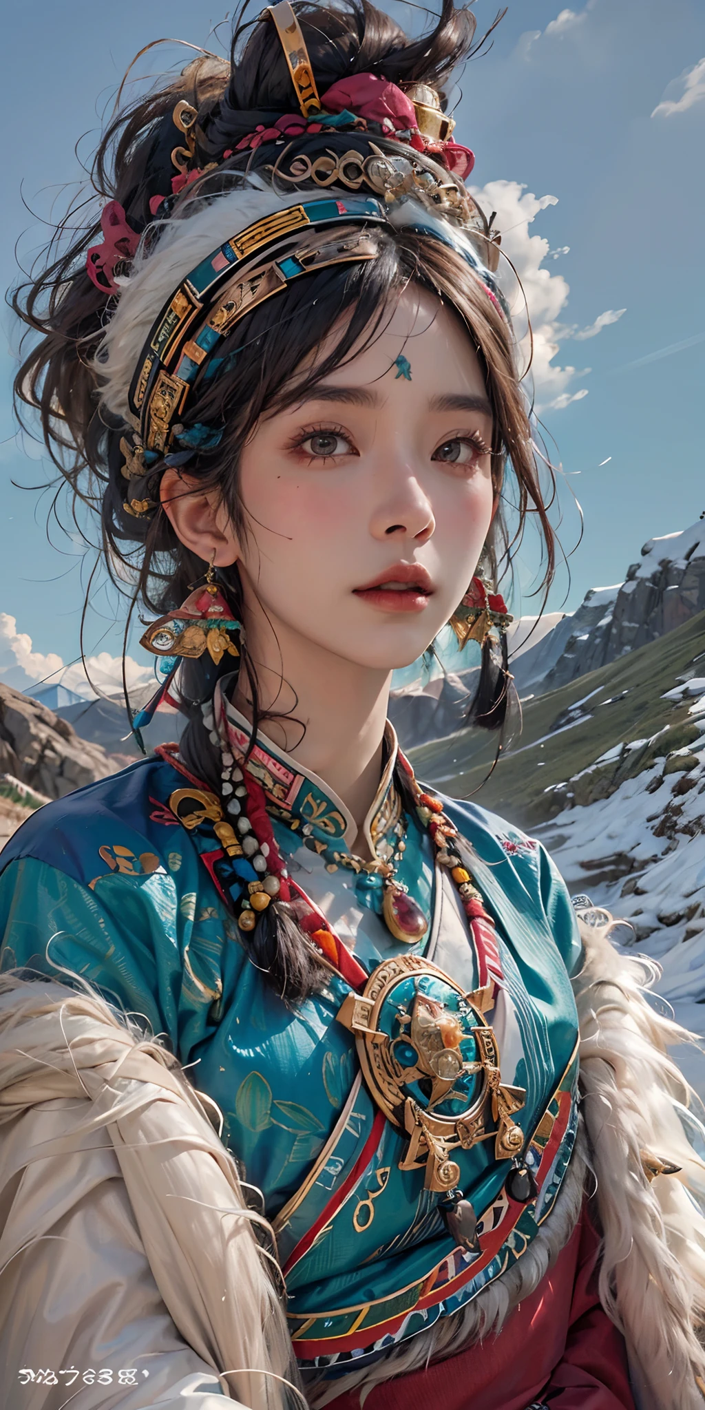 photorealistic, high resolution, soft light,1women, solo, hips up, shining skin, (detailed face), plateau,blue sky,grassland,extreme detailed,torogao, tibet clothes, fur coat, jewelry, tattoo