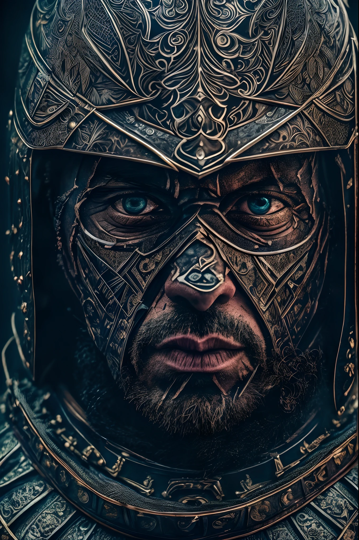 a highly detailed portrait of a man warrior with a scarred face in intricate black plate armor, mysterious dark nature background, high resolution, 4k, 8k