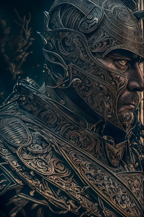 a highly detailed portrait of a man warrior with a scarred face in intricate black plate armor, mysterious dark nature backgroun...