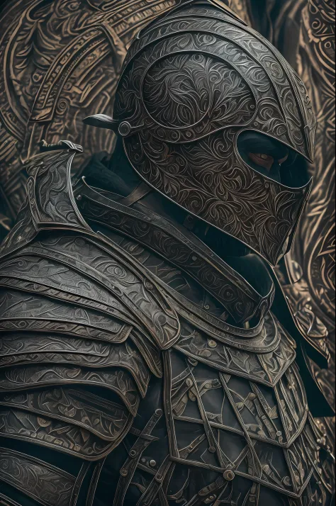 a highly detailed portrait of a man warrior with a scarred face in intricate black plate armor, mysterious dark nature backgroun...