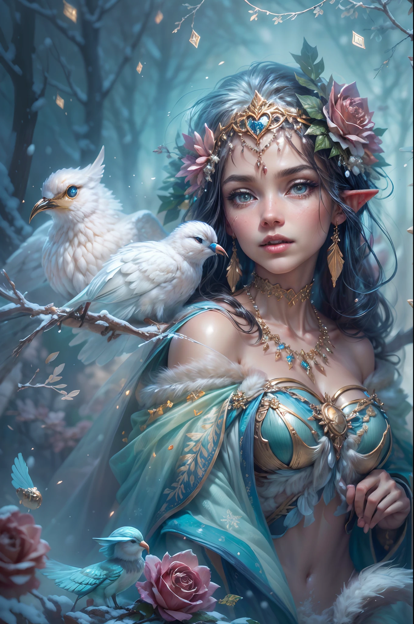 This is a realistic fantasy artwork taking place in a subzero cold winter landscape. Generate a stately, elegant, and graceful (((Pocahontas))) elf in a magical world of stunning gilded roses with multicolors and shimmering ice glittering in the light. Her face is elegant and middle-aged and includes realistic shading, incredibly detailed and distinct features, ((soft puffy and kissable mouth with a defined cupid's bow)), and (realistic eyes). (Her eyes are important) and should be (beautiful detailed eyes with macro details), realistic details, and a shifting array of beautiful blue colors. Her clothes should be delicately spun from weightless, airy, and expensive gossamer silk with delicate and very subtle floral embroidery, (((many warm layers))), and a variety of complementary colors as well as lots of luxurious fur. Her breasts are subtle and her clothing is very warm and heavy. This image is incredibly creative and emphasizes the beautiful detail of the gilded roses and the pure snow on the ornate ice. Include beautiful detailed snowflakes, icy air, and magical doves. Include pebbles, stones, bumps, glitter, and iridescence. Camera: Utilize dynamic composition techniques to draw the viewer into the scene. Lighting: Enhance the glitter of the snow and ice and emphasize the fantasy winter aspect of the image. Take inspiration from top masters of the genre and trending Midjourney and ArtStation art.