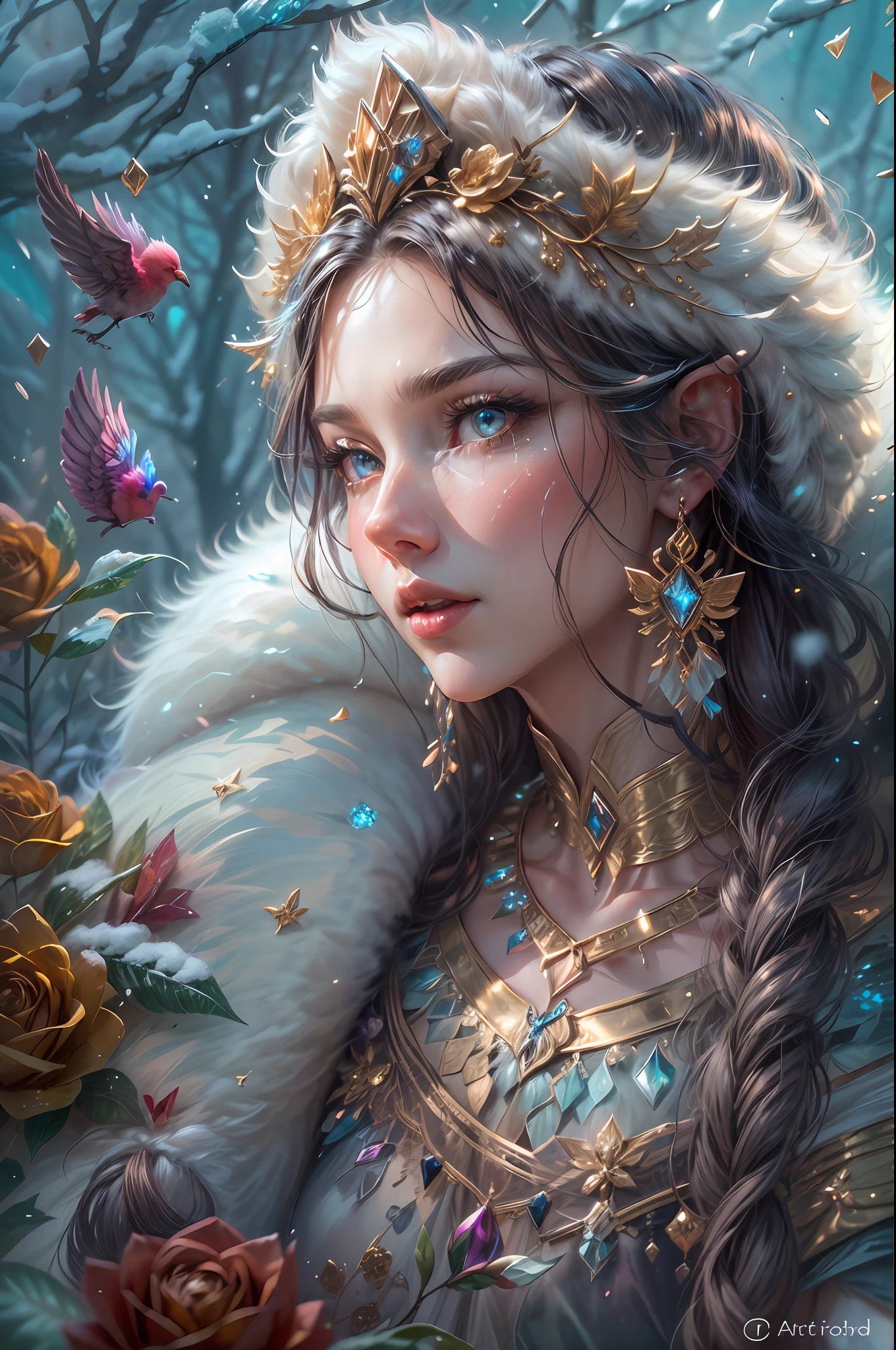 This is a realistic fantasy artwork taking place in a subzero cold winter landscape. Generate a stately, elegant, and graceful (((Pocahontas))) elf in a magical world of stunning gilded roses with multicolors and shimmering ice glittering in the light. Her face is elegant and middle-aged and includes realistic shading, incredibly detailed and distinct features, ((soft puffy and kissable mouth with a defined cupid's bow)), and (realistic eyes). (Her eyes are important) and should be (beautiful detailed eyes with macro details), realistic details, and a shifting array of beautiful blue colors. Her clothes should be delicately spun from weightless, airy, and expensive gossamer silk with delicate and very subtle floral embroidery, (((many warm layers))), and a variety of complementary colors as well as lots of luxurious fur. Her breasts are subtle and her clothing is very warm and heavy. This image is incredibly creative and emphasizes the beautiful detail of the gilded roses and the pure snow on the ornate ice. Include beautiful detailed snowflakes, icy air, and magical doves. Include pebbles, stones, bumps, glitter, and iridescence. Camera: Utilize dynamic composition techniques to draw the viewer into the scene. Lighting: Enhance the glitter of the snow and ice and emphasize the fantasy winter aspect of the image. Take inspiration from top masters of the genre and trending Midjourney and ArtStation art.